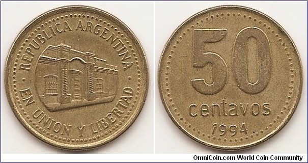 50 Centavos
KM#111.2
5.8000 g., Aluminum-Bronze, 25.2 mm. Obv: Tucuman Province Capital Building; bold lettering Rev: Large value, date
below Edge: Reeded 