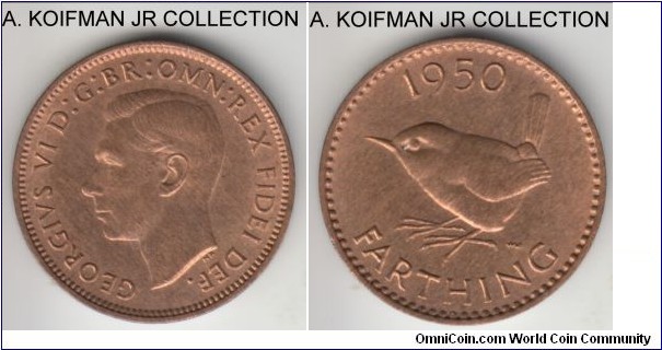 KM-867, 1950 Great Britain farthing; bronze, plain edge; late George VI, nice mostly red uncirculated specimen.