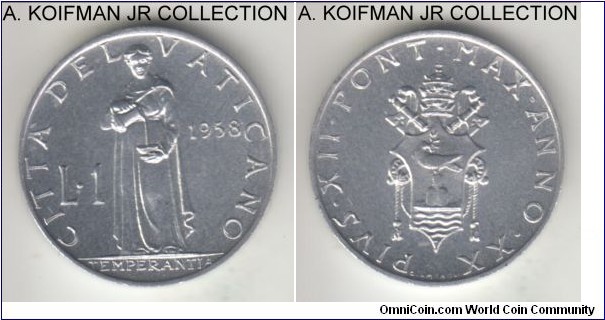 KM-49.1, 1958 Vatican lira; aluminum, plain edge; Year XX of Pius XII, smaller 30,000 mintage coin, bright uncirculated.