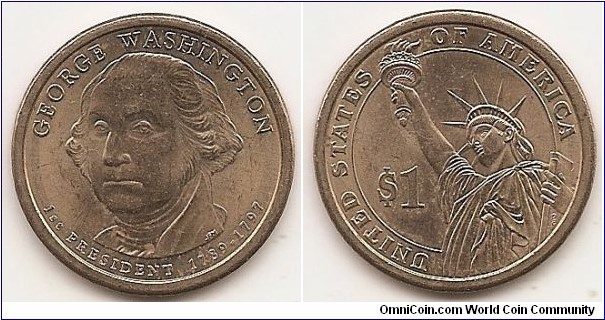 1 Dollar
KM#401
8.07 g., Copper-Zinc-Manganese-Nickel, 26.5 mm. Obv: Portrait of George Washington, the first president of the United States from 1789 to 1797 Rev: Value and La Statue de la Liberté, UNITED STATES OF AMERICA Obv. Designer: Joseph Menna Rev. Designer: Don Everhart Edge: Plain with inscription E PLURIBUS UNUM • IN GOD WE TRUST • 2007 D