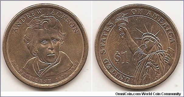 1 Dollar
KM#428
8.07 g., Copper-Zinc-Manganese-Nickel, 26.5 mm. Obv: Andrew Jackson, 7th President of the United States from 1829 to 1837. Rev: Value and La Statue de la Liberté, UNITED STATES OF AMERICA Obv. Designers: Joel Iskowitz, Jim Licartez Rev. Designer: Don Everhart Edge: Plain with inscription E PLURIBUS UNUM • IN GOD WE TRUST • 2008 D