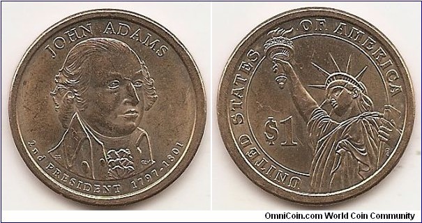 1 Dollar
KM#402
8.07 g., Copper-Zinc-Manganese-Nickel, 26.5 mm. Obv: Portrait of John Adams, second president of the United States from 1797 to 1801. Rev: Value and La Statue de la Liberté, UNITED STATES OF AMERICA Obv. Designers: Charles L. Vickers, Joel Iskowitz Rev. Designer: Don Everhart Edge: Plain with inscription E PLURIBUS UNUM • IN GOD WE TRUST • 2007 P