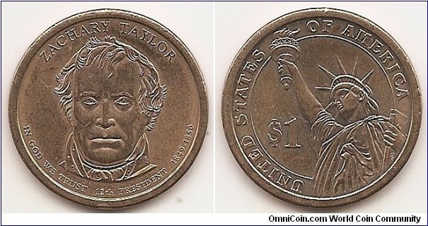 1 Dollar
KM#453
8.07 g., Copper-Zinc-Manganese-Nickel, 26.5 mm. Obv: Portrait of Zachary Taylor, 12th president of the United States from 1849 to 1850. Rev: Value and La Statue de la Liberté, UNITED STATES OF AMERICA Designer: Don Everhart Edge: Plain with inscription E PLURIBUS UNUM ********** 2009 P ***