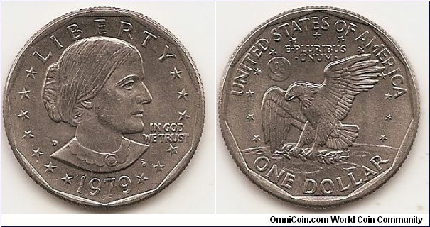 1 Dollar
KM#207
8.10 g., Copper-nickel clad copper, 26.5 mm. Obv: The portrait of Susan B. Anthony, a pioneer for women's rights, facing right with the date below. Rev: The Apollo 11 Mission Insignia (an eagle holding an olive branch flying above the Moon, with the Earth in the background) and the denomination below, UNITED STATES OF AMERICA Designer: Frank Gasparro Edge: Reeded
