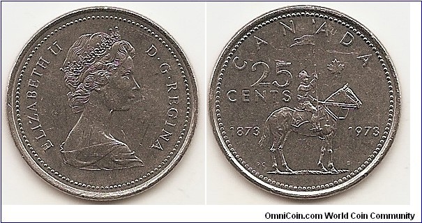 25 Cents
KM#81.1
5.0500 g., Nickel, 23.8 mm. Ruler: Elizabeth II (1952-date). Subject: 100th Anniversary of the Royal Canadian Mounted Police (RCMP). Obv: The portrait in right profile of Elizabeth II, when she was 39 years old, is surrounded with inscription 