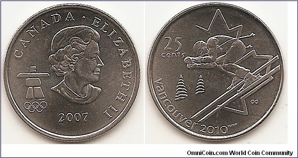 25 Cents
KM#686
4.4300 g., Nickel Plated Steel, 23.8 mm. Ruler: Elizabeth II (1952-date). Subject: Vancouver 2010 Olympic Games. Obv: The portrait in right profile of Elizabeth II, when she was 77 years old, is surrounded with the inscription 