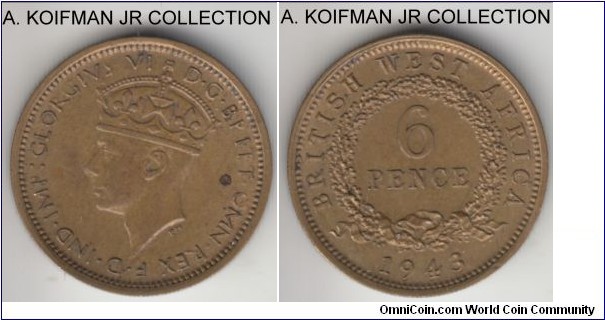 KM-22, 1943 British West Africa 6 pence, Royal Mint (no mint mark); nickel-brass, reeded security edge; George VI war time, almost uncirculated, toned and a spot as common for the issue.
