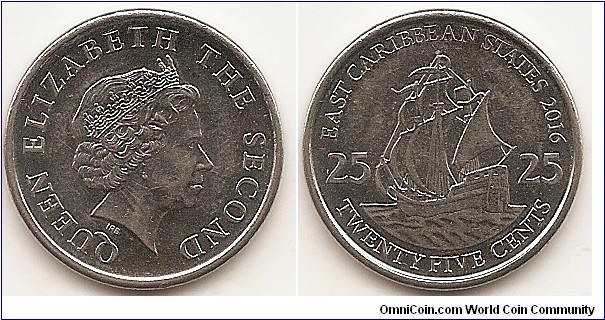 25 Cents
KM#38a
6.48 g., Nickel Plated Steel, 24 mm.. Ruler: Elizabeth II (1952-date). Obv: Portrait of Queen Elizabeth II to the right, is surrounded with the inscription 
