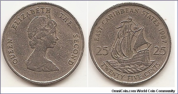 25 Cents
KM#14
6.50 g., Nickel Plated Steel, 24 mm.. Ruler: Elizabeth II (1952-date). Obv: Portrait of Queen Elizabeth II to the right, is surrounded with the inscription 