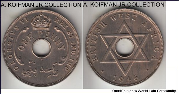 KM-19, 1946 British West Africa penny, Heaton mint (H mint mark); copper nickel, plain edge; George VI, average uncirculated, light reverse toning.