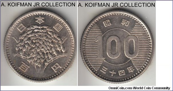 Y#78, Showa Yr. 34 (1961) Japan 100 yen; silver, reeded edge; Hirohito, first year of the type and common, bright almost uncirculated.