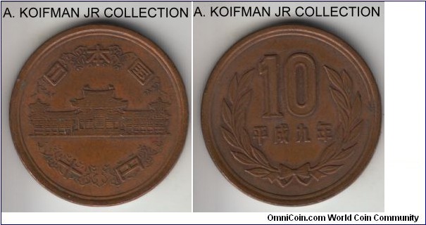 Y#97.2, Yr.9 (1997) Japan 10 yen; bronze, plain edge; Akihito, very fine or so.