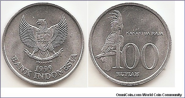 100 Rupiah
KM#61
1.79 g., Aluminum, 23 mm. Obv: National emblem, called Garuda Pancasila Rev: Black Palm Cockatoo (Probosciger aterrimus) Edge: Plain