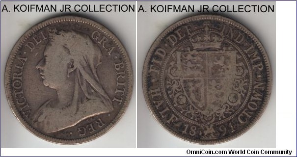 KM-782, 1894 Great Britain 1/2 crown; silver, reeded edge; Victoria, smaller mistage year, very good or so.