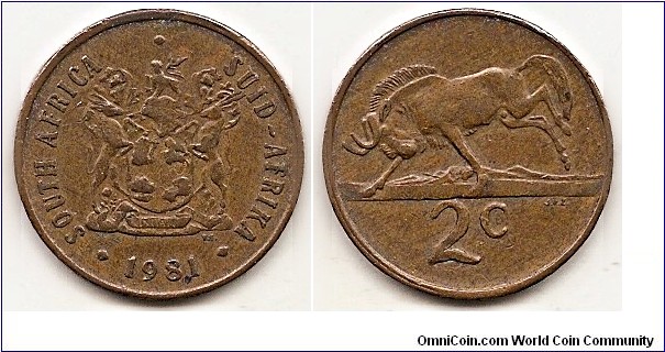 2 Cents
KM#83
4.00 g., Bronze, 22.45 mm. Obv: South African coat of arms with the motto 