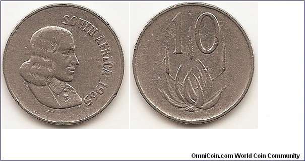 10 Cents
KM#68.1
4.00 g., Nickel, 20.7 mm. Obv: Portrait of Jan van Riebeeck (1619-1677), Dutch colonial administrator and founder of Cape Town. English Legend - SOUTH AFRICA Rev: Aloe plant (Aloe succotrina) and value Edge: Plain 