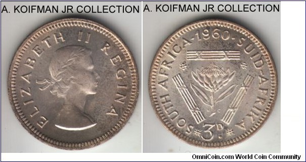 KM-47, 1960 South Africa (Dominion) 3 pence; silver, plain edge; Elizabeth II, small mintage of 21,364 in business strike, lightly toned as minted.