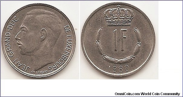 1 Franc
KM#55
4.00 g., Copper-Nickel, 21 mm. Ruler: Jean Obv: Portrait to the left of Jean (1921-), Grand Duke of Luxembourg from 1964 to 2000 surrounded by the legend and the signature of the engravers. Rev: Face value surrounded by a stylized laurel wreath, surmounted by a royal crown, below the mint year Edge: Reeded