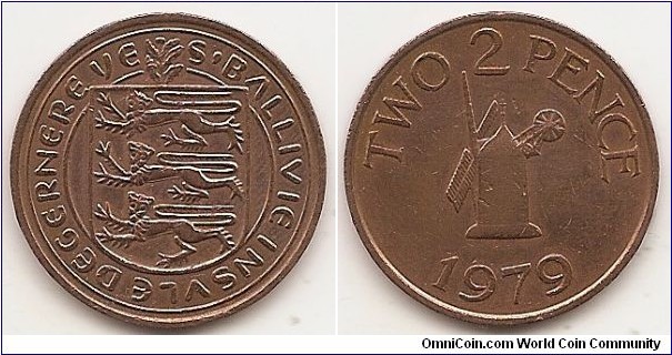 2 Pence
KM#28
7.12 g., Bronze, 25.91 mm. Ruler: Elizabeth II Obv: Arms with inscription S'BALLIVIE INSVLE DE GERNERE VE Rev: Windmill from Sark and value Edge: Plain