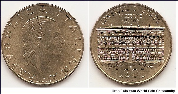 200 Lire
KM#135
5.00 g., Aluminum-Bronze, 24 mm. Subject: 100th Anniversary of State Council Obv: Head right Rev: State Council building divides dates and value Edge: Reeded
