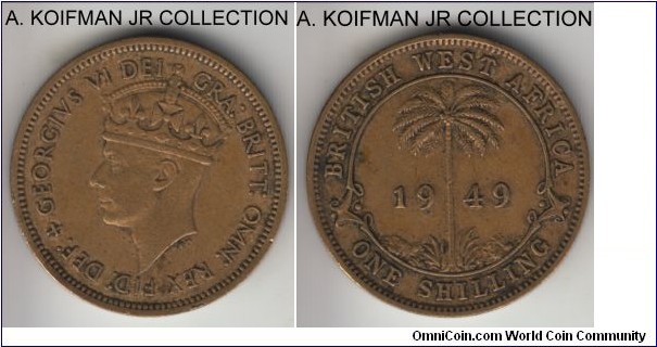 KM-28, 1949 British West Africa shilling, Heaton mint (H mint mark); tin-brass, security reeded edge; late George VI, average circulated very fine or about for wear.