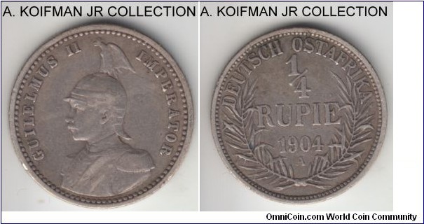 KM-8, 1904 German East Africa 1/4 rupie, Berlin mint (A mint mark); silver, reeded edge; Wilhelm II, decent very fine, possibly cleaned in the past.