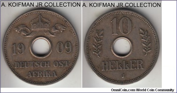 KM-12, 1909 German East Africa 10 heller, Hamburg mint (J mint mark); copper-nickel, plain edge; Wilhelm II, colonial issue, very fine and not cleaned.