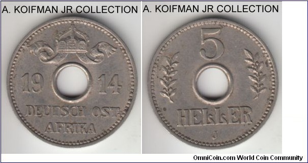 KM-13, German East Africa 5 heller, Hamburg mint (J mint mark); copper-nickel, plain edge; Wilhelm II, short last 2 year pre-war issue, nice extra fine with some remaining luster good extra fine.