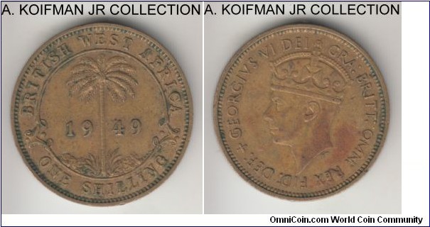 KM-28, 1949 British West Africa shilling, King's Norton mint (KN mint mark); tin-brass, security reeded edge; late George VI, scarcer of the three mints for the year, extra fine or so, typically toned but some remnants of luster in the fields.