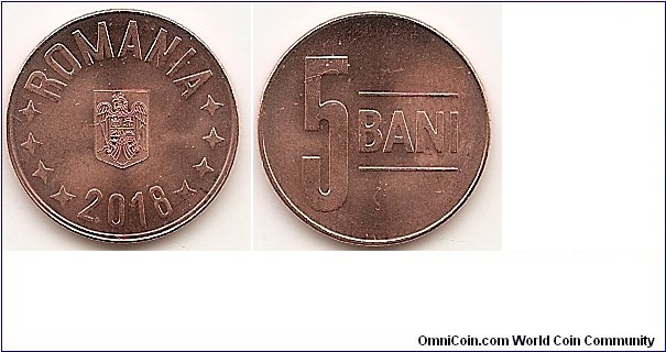 5 Bani
KM#NEW
2.81 g., Copper plated steel, 18.2 mm. Obv: Coat of arms of Romania with the crown on the head of the eagle, date below. Rev: Value. Edge: Reeded.