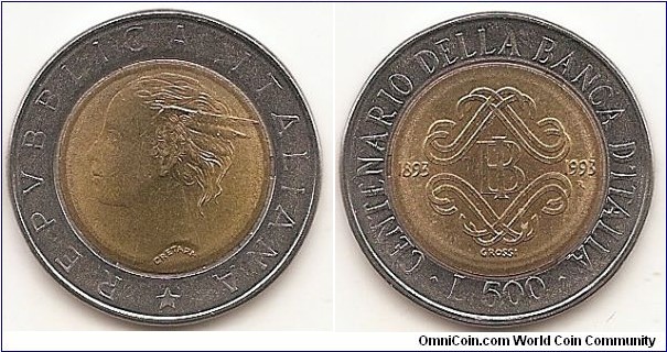 500 Lire
KM#160
6.80 g., Bi-Metallic Aluminum-Bronze center in Stainless Steel ring, 25.8 mm. Subject: Centennial - Bank of Italy Obv: Head left within circle Rev: Monogram within design divides dates within circle Edge: Segmented reeding