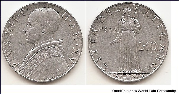 10 Lire
KM#52.1
1.00 g., Aluminum, 23 mm. Obv: Bust of Pope Pius XII left Obv. Legend: AN Rev: Prudence standing and date divides value Edge: Plain
