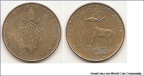 20 Lire
KM#120
3.60 g., Aluminum-Bronze, 21.3 mm. Obv: Coat of arms of Paulus VI Rev: Red deer with waterfall  Edge: Plain