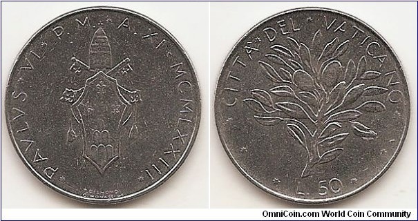 50 Lire
KM#121
6.20 g., Stainless Steel, 24.9 mm. Obv: Coat of arms of Paulus VI Rev: Olive branch Edge: Reeded