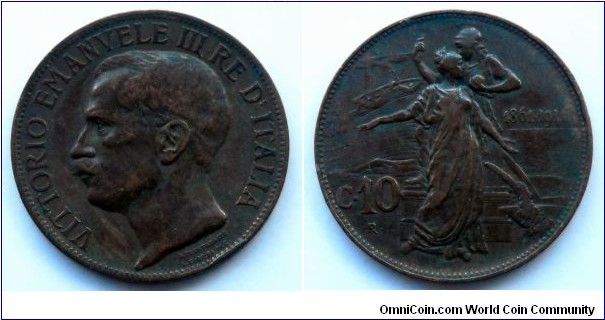 Italy 10 centesimi.
1911, 50th Anniversary of the Kingdom of Italy