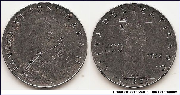 100 Lire
KM#82.2
8.00 g., Stainless Steel, 27.75 mm. Obv: Paul VI bust left Obv. Legend: A Rev: Fides standing figure divides value and date  Edge: Reeded