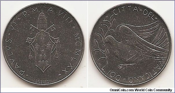 100 Lire
KM#122
8.10 g., Stainless Steel, 27.9 mm. Obv: Pope Paulus VI Crowned shield Rev: Dove in flight with olive branch   Edge: Reeded