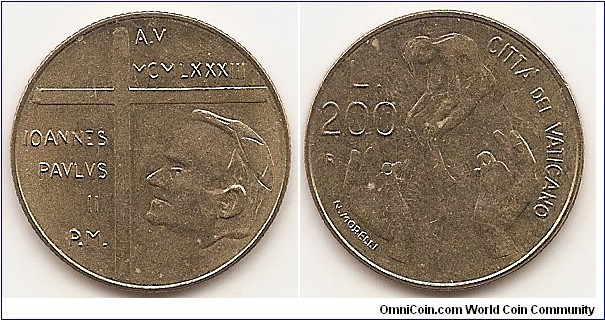 200 Lire
KM#174
5.00 g., Aluminum-Bronze, 24 mm. Subject: Creation of Man Obv: 
John Paul II (1978-2005) head left to lower right of cross Rev: Stylized figure above hands    Edge: Reeded