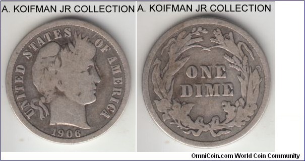 KM-113, 1906 United States of America 10 cents (dime), Philadelphia mint (no mint mark); silver, reeded edge; Barber type, average circulated very good or so.