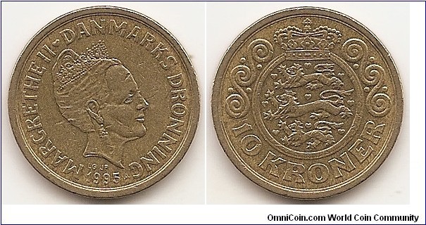 10 Kroner
KM#877
7.00 g., Aluminum-Bronze, 23.35 mm. Ruler: Margrethe II Obv: Portrait of Queen Margrethe II looking right, date below Rev: Crowned arms within ornaments, value below Edge: Plain