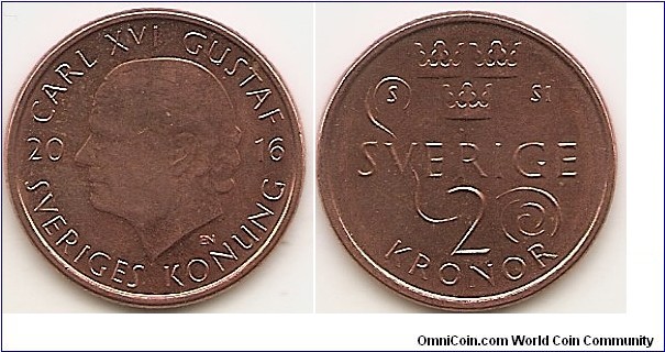 2 Kronor
KM#929
4.80 g., Copper Plated Steel, 22.5 mm. Ruler: Carl XVI Gustaf Obv: Three crowns, stylized whirlwind Rev: Bust of King Carl XVI Gustaf facing left Rev. Legend: CARL XVI GUSTAF SVERIGES KONUNG 2016 Edge: Segmented reeding