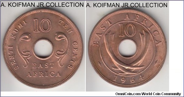 KM-40, 1964 East Africa 10 cents, heaton mint (H mint mark); bronze, holed flan, plain edge; first Republican coinage, one year post independence type, common and red uncirculated.