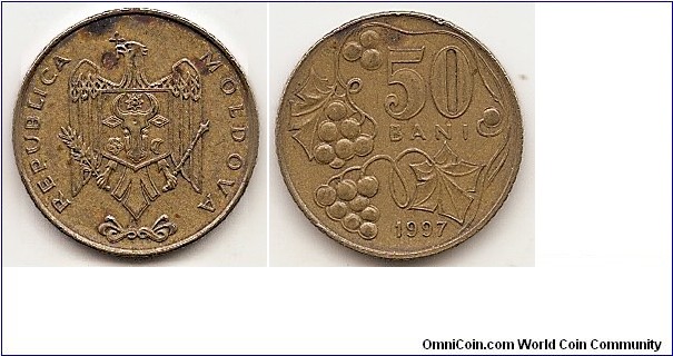 50 Bani
KM#10
3.10 g., Brass Clad Steel, 19 mm. Obv: Coat-of-Arms of Moldova, and state name in full Rev: Denomination sorrounded with stylized grape fruit, and year of issue below. Edge: Reeded