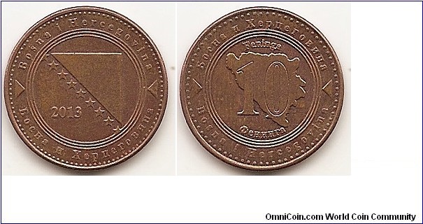 10 Feninga
KM#115
3.90 g., Copper Plated Steel, 20 mm. Obv: Triangle and stars, date at left within circle Rev: Denomination on map within circle Edge: Plain
