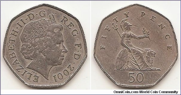 50 Pence
KM#991
8.00 g., Copper-Nickel, 27.3 mm. Ruler: Elizabeth II Obv: Fourth crowned portrait of HM Queen Elizabeth II facing right, wearing the Girls of Great Britain and Ireland tiara, legend ELIZABETH·II·D·G REG·F·D·2001 around Rev: Seated figure of Britannia facing right with shield, spear and lion, with denomination in letters above and numerals below Shape: 7-sided Edge: Plain