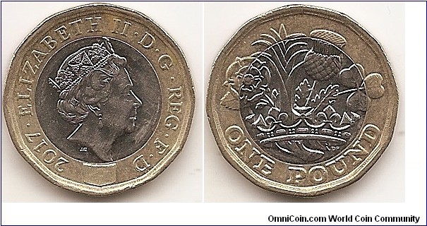 1 Pound
KM#NEW
8.75 g., Bimetallic: nickel plated brass center in nickel brass ring, 23.4 mm. Ruler: Elizabeth II Obv: Fifth crowned portrait of HM Queen Elizabeth II right, wearing the George IV State Diadem, with latent (hologram-like) image below the bust and denomination as incuse micro-legend around the edge. Rev: A design showing the English rose, the Welsh leek, the Scottish thistle and the Northern Irish shamrock emerging from one stem within a royal coronet, with the minting year as incuse micro-legend around the edge. Edge: Segmented reeding