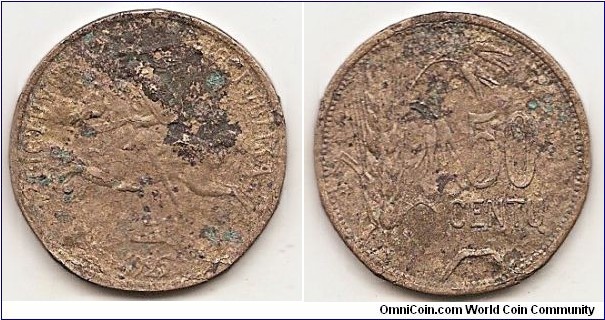 50 Centu
KM#75
5.00 g., Aluminum-Bronze, 25 mm. Obv: National arms Rev: Value to right of sagging grain ears Edge: Plain
