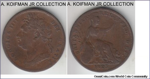 KM-677, 1823 Great Britain farthing; copper, plain edge; George IV, average fine or so but may have a repunched date 1823/2.