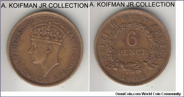 KM-22, 1938 British West Africa 6 pence, Royal Mint (no mint mark); nickel-brass, security reeded edge; George VI, first year of issue, good very fine based on the rims wear.