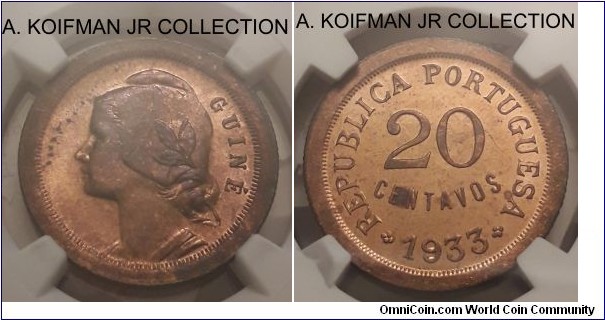 KM-3, 1933 Portuguese Guinea 20 centavos; bronze, reeded edge; early 20'th century colonial issue, 1-year type and scarcer, NGC graded MS 64 RB, small obverse spot.